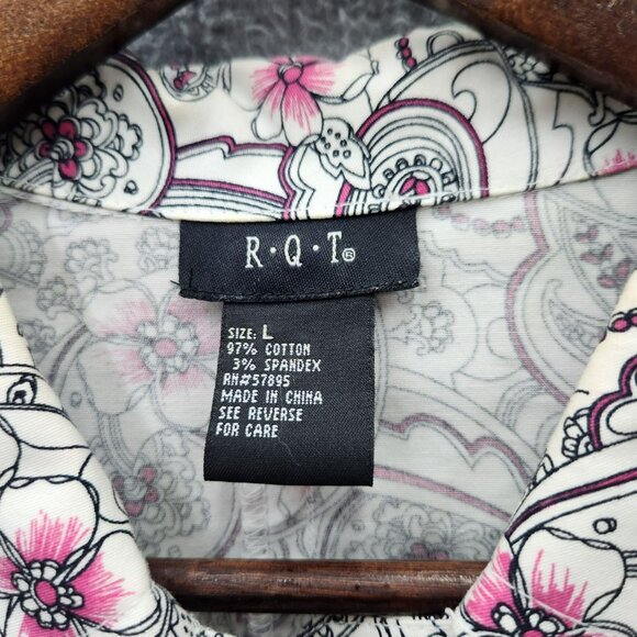R.Q.T. Womens Floral Print Button-Up Jacket 3/4 Sleeve Size L Cotton/Spandex Ble - Picture 2 of 4
